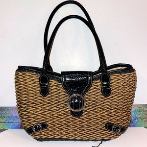 Authentic Brighton Black and Wicker Bucket Bag with Buckle